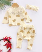 Kalp Baskılı Fisto Yaka 3 Parça Kız Bebek Takımı %100 Pamuk thumbnail 1