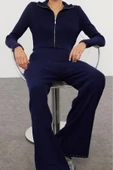 Tarz Kadın Modern Moda Normal Bel Boru Paça Dik Yaka Akıtma Detaylı Triko Alt-Üst Takım - 2