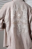 Tarz Kadın Modern Moda Normal Bel Boru Paça Gömlek Yaka Nakışlı Kimono-Pantolon Dokuma Alt-Üst Takım - 4