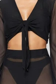Moda Dokuma Geometrik V Yaka Plaj Siyah Örme Bağlamalı Mesh Bluz Pantolon Takım - 5