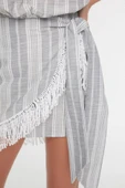 Moda Çizgili Halter Yaka Casual Günlük Gri Çizgili Dokuma Püsküllü Bluz Etek Takım - 4