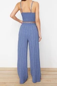 Moda Dokuma Düz V Yaka İnce Askılı Plaj Dokuma Bluz Pantolon Takım - 6