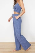 Moda Dokuma Düz V Yaka İnce Askılı Plaj Dokuma Bluz Pantolon Takım - 4