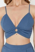 Moda Dokuma Düz V Yaka Plaj Dokuma Aksesuarlı Bluz Şort Takım - 1