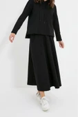 Moda Örme Yüksek Bel Düz Kapüşonlu Casual Günlük Siyah Kapüşonlu Sweatshirt-Etek Örme Takım - 2