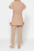 Moda Düz Gömlek Yaka Casual Günlük Vizon Altın Düğmeli Yelek-Pantolon Örme Alt Üst Takım - 6