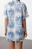 Moda Dokuma Etnik Gömlek Yaka Plaj Mavi-Etnik Dokuma 100% Polyester - 5
