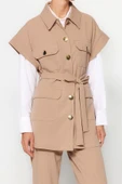 Moda Düz Gömlek Yaka Casual Günlük Vizon Altın Düğmeli Yelek-Pantolon Örme Alt Üst Takım - 3