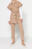 Moda Düz Gömlek Yaka Casual Günlük Vizon Altın Düğmeli Yelek-Pantolon Örme Alt Üst Takım - 1