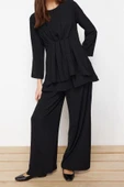 Moda Dokuma Düz Casual Günlük Siyah Büzgülü Aerobin Tunik Pantolon Dokuma Alt Üst Takım - 2