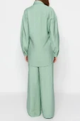 Moda Düz Gömlek Yaka Düşük Kol Casual Günlük Beli Büzgülü Dokuma Gömlek-Pantolon Takım - 4