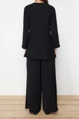 Moda Dokuma Düz Casual Günlük Siyah Büzgülü Aerobin Tunik Pantolon Dokuma Alt Üst Takım - 6