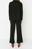 Moda Yüksek Bel Dik Yaka Düşük Kol Günlük Siyah Geniş Kalıp Basic Pantalonlu Triko Alt-Üst Takım - 5