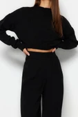 Moda Triko Yarım Balıkçı Yaka Casual Günlük Siyah Süper Crop Jogger Pantolonlu Triko Alt-Üst Takım - 2