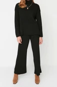 Moda Yüksek Bel Dik Yaka Düşük Kol Günlük Siyah Geniş Kalıp Basic Pantalonlu Triko Alt-Üst Takım - 1