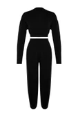 Moda Triko Yarım Balıkçı Yaka Casual Günlük Siyah Süper Crop Jogger Pantolonlu Triko Alt-Üst Takım - 6