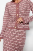 Moda Triko Dokulu Bisiklet Yaka Resmi Örgü Detaylo Hırka-Etek Triko Alt-Üst Takım - 4