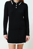 Moda Triko Düz Polo Yaka Casual Günlük Siyah Kazak Etek Triko Alt-Üst Takım - 1