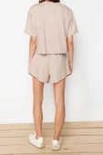 Moda Düz Bisiklet Yaka Casual Günlük Yumuşak Tuşeli T-shirt ve Şort Örme Alt-Üst Takım - 5