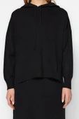 Moda Triko Düz Kapüşonlu Casual Günlük Siyah Kapüşonlu Kazak-Etek Triko Alt-Üst Takım - 4