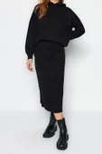 Moda Triko Düz Kapüşonlu Casual Günlük Siyah Kapüşonlu Kazak-Etek Triko Alt-Üst Takım - 1