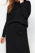Moda Triko Düz Kapüşonlu Casual Günlük Siyah Kapüşonlu Kazak-Etek Triko Alt-Üst Takım - 2
