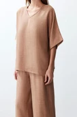 Moda Dokuma Dokulu V Yaka Casual Günlük V Yaka Bluz Pantolon Dokuma Alt-Üst Takım - 4