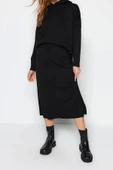 Moda Triko Düz Kapüşonlu Casual Günlük Siyah Kapüşonlu Kazak-Etek Triko Alt-Üst Takım - 3