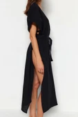 Moda Dokuma Oversize Kalıp Uzun V Yaka Standart Kol Müslin Kruvaze Düz Desen Kimono Kaftan - 5