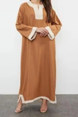 Moda Dokuma Rahat Kalıp Maxi V Yaka Düşük Kol Saten Basic Renk Bloklu Tesettür Giyim Kimono Kaftan - 2