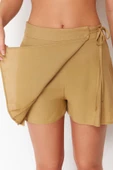 Moda Dokuma Yüksek Bel Geniş Paça Plaj Bej Dokuma Yırtmaçlı Keten karışımlı Şort Etek - 5