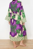 Moda Dokuma Rahat Kalıp Uzun V Yaka Standart Kol Shally Basic Animal Desen Kimono Kaftan - 6
