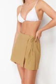 Moda Dokuma Yüksek Bel Geniş Paça Plaj Bej Dokuma Yırtmaçlı Keten karışımlı Şort Etek - 3