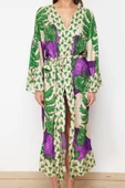 Moda Dokuma Rahat Kalıp Uzun V Yaka Standart Kol Shally Basic Animal Desen Kimono Kaftan - 1