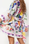 Moda Dokuma Regular Kalıp Uzun V Yaka Balon Kol Vual Basic Etnik Desen Kimono Kaftan - 4