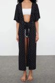 Moda Dokuma Regular Kalıp Uzun V Yaka Standart Kol Shally Basic Puantiyeli Desen Kimono Kaftan - 1