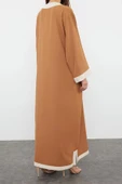 Moda Dokuma Rahat Kalıp Maxi V Yaka Düşük Kol Saten Basic Renk Bloklu Tesettür Giyim Kimono Kaftan - 5
