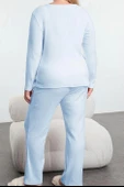Tarz Rahat Büyük Beden Uzun Kollu Boru Paça Fırçalı Soft Fitilli Hırkalı Örme Pijama Takımı - 5