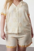 Tarz Rahat Büyük Beden Uzun Kollu Boru Paça Güneş Desenli Dokuma Pijama Takımı - 2