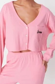 Tarz Rahat Uzun Kollu Boru Paça Fitilli Pamuklu Nakışlı Örme Pijama Takımı - 3