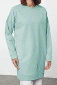 Tesettür Tarz Relaxed Bisiklet Yaka Düşük Kol Regular Basic Taş Detaylı Sweatshirt - 1