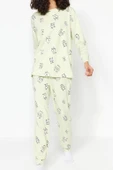 Tarz Rahat Uzun Kollu Boru Paça %100 Pamuklu Göz Desenli T-shirt-Jogger Örme Pijama Takımı - 5