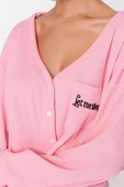 Tarz Rahat Uzun Kollu Boru Paça Fitilli Pamuklu Nakışlı Örme Pijama Takımı - 4