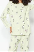 Tarz Rahat Uzun Kollu Boru Paça %100 Pamuklu Göz Desenli T-shirt-Jogger Örme Pijama Takımı - 2