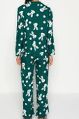 Tarz Rahat Uzun Kollu Boru Paça Tavşan Desenli Viskon Anne Kız Dokuma Pijama Takımı - 5