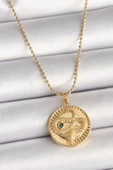 316L Çelik Gold Renk Topçuk Zincir Yılan İşlemeli Zirkon Taş Detaylı Madalyon Model Kadın Kolye - TJ-BKO9844 - 1
