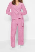 Tarz Rahat Uzun Kollu Boru Paça Pembe Yaka Wellsoft Kışlık Örme Pijama Takımı - 1