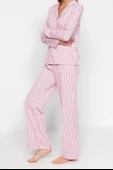 Tarz Rahat Uzun Kollu Boru Paça Pembe %100 Pamuklu Çizgili Gömlek-Pantolon Örme Pijama Takımı - 3