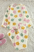 Tarz Rahat Uzun Kollu Boru Paça Ekru Ayıcıklı Wellsoft Kışlık Örme Pijama Takımı - 1