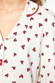 Tarz Rahat Uzun Kollu Boru Paça %100 Pamuk Kalp Desenli Gömlek-Pantolon Örme Pijama Takımı - 5